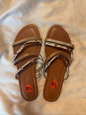 Nine West Brown Slide Sandals with Metallic and Black-White Animal Print Straps